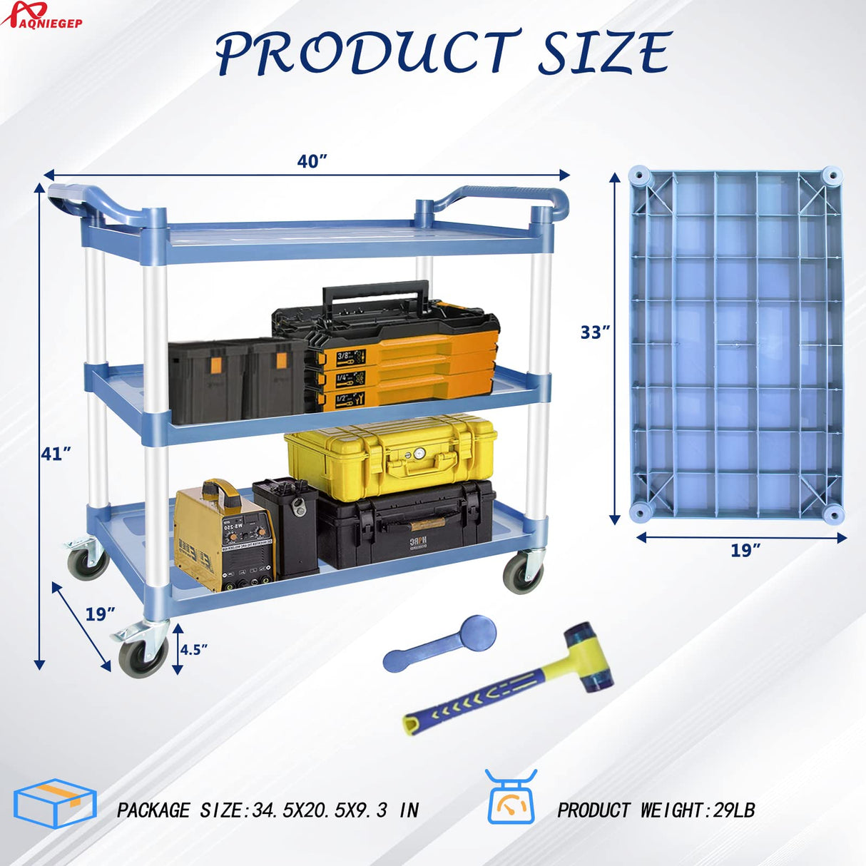 AQNIEGEP Utility Carts with Wheels Rolling Cart Commercial Kitchen Cart Large Food Service Cart Heavy Duty, 600 Lbs Load Capacity, Lockable Wheels, Rubber Hammers AQNIEGEP