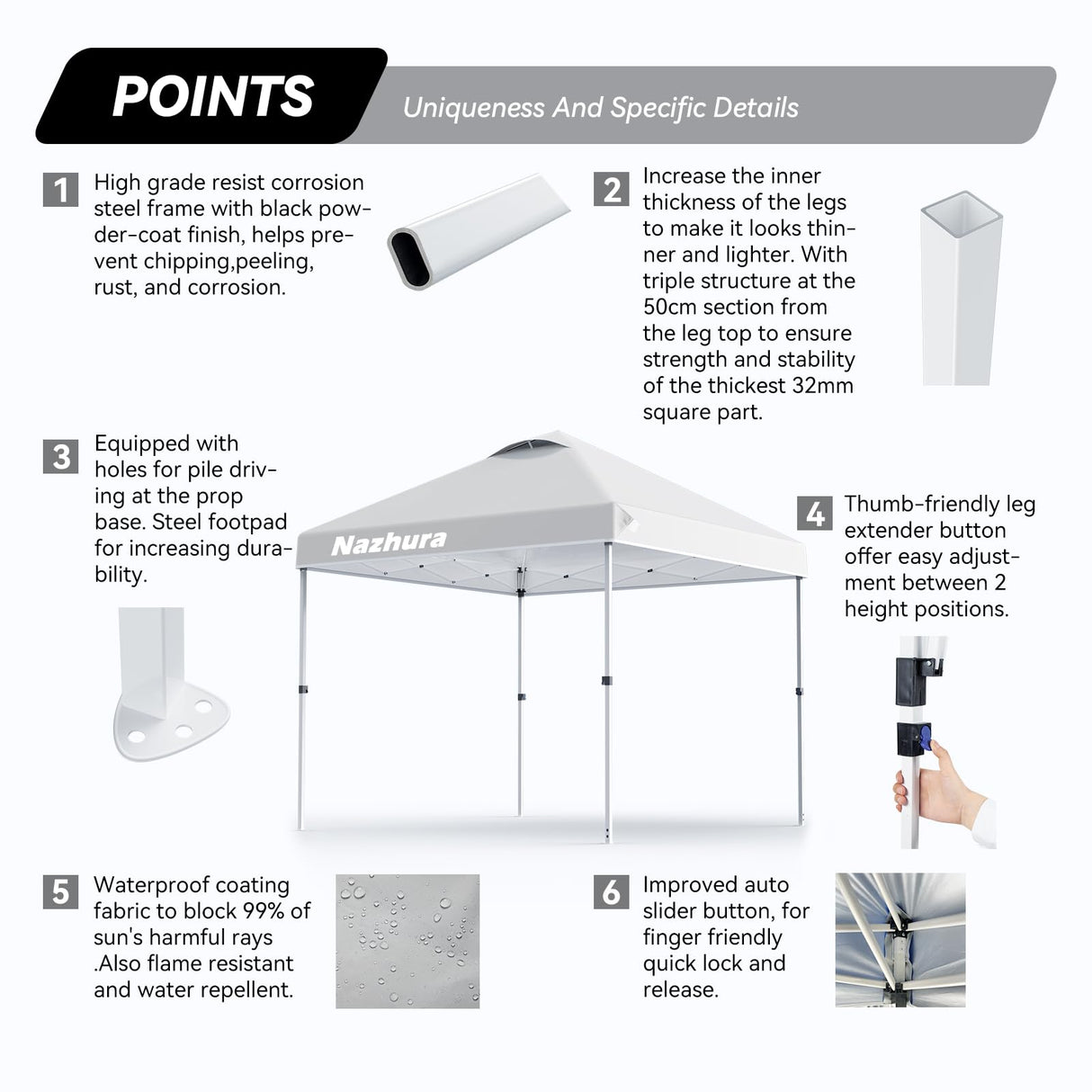 Nazhura 10' x 10' Pop Up Canopy Tent with Sand Weight Bag, Freestanding Sun Shelter for Picnic and Camping, One Person Setup and Height Adjustable (White) Nazhura