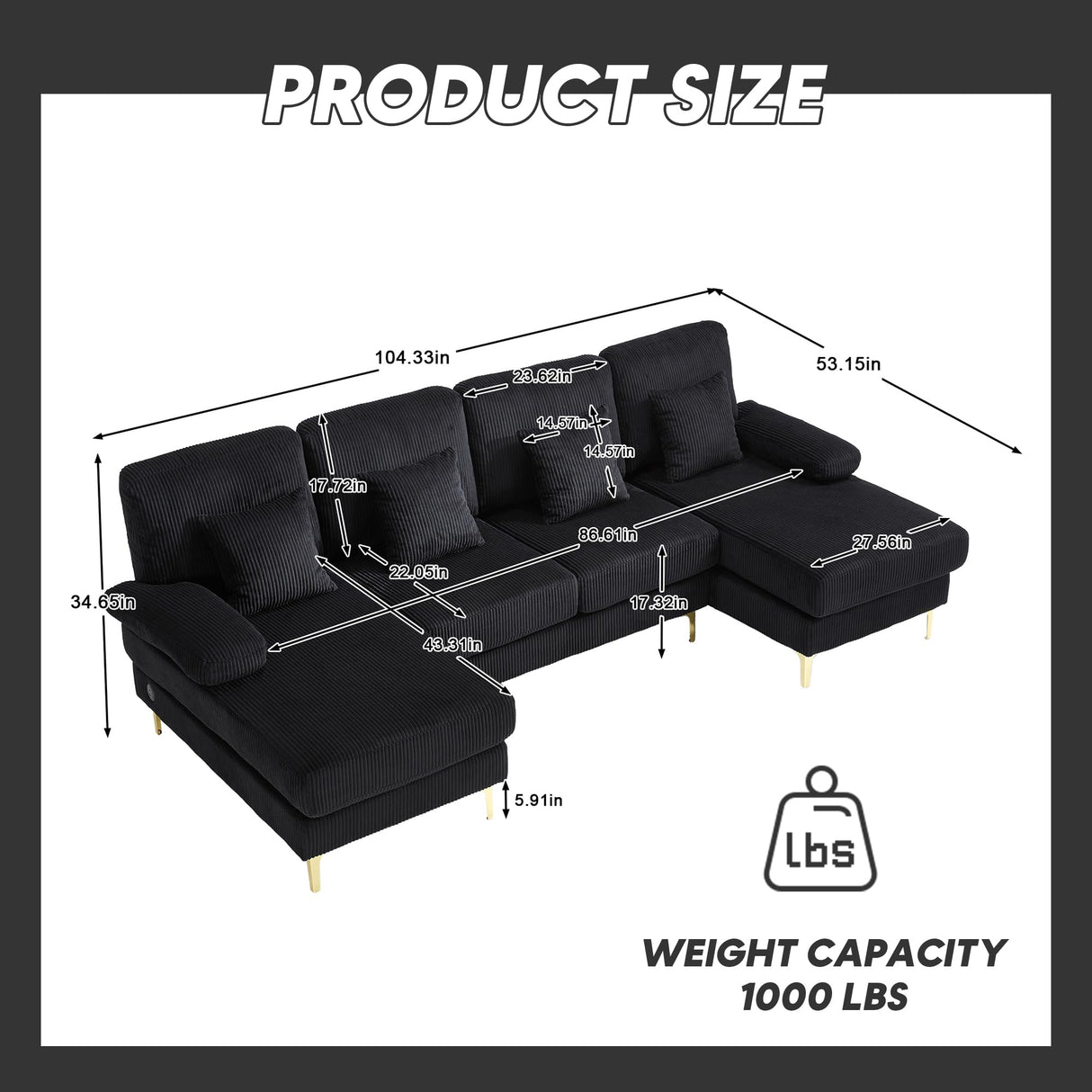 VYNELITO U Shaped Sectional Sofa Couch, 4 Seat Sofa with Double Chaise Lounge for Living Room, 104" Comfy Corduroy Couch with USB and Lights, Black Corduroy VYNELITO