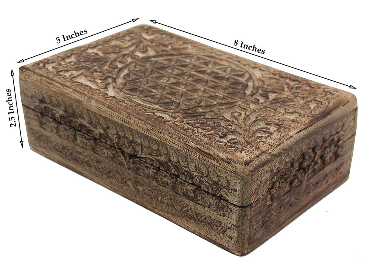 DharmaObjects Hand Carved Jewelry Trinket Keepsake Wooden Storage Box (Large, Flower Of Life) DharmaObjects