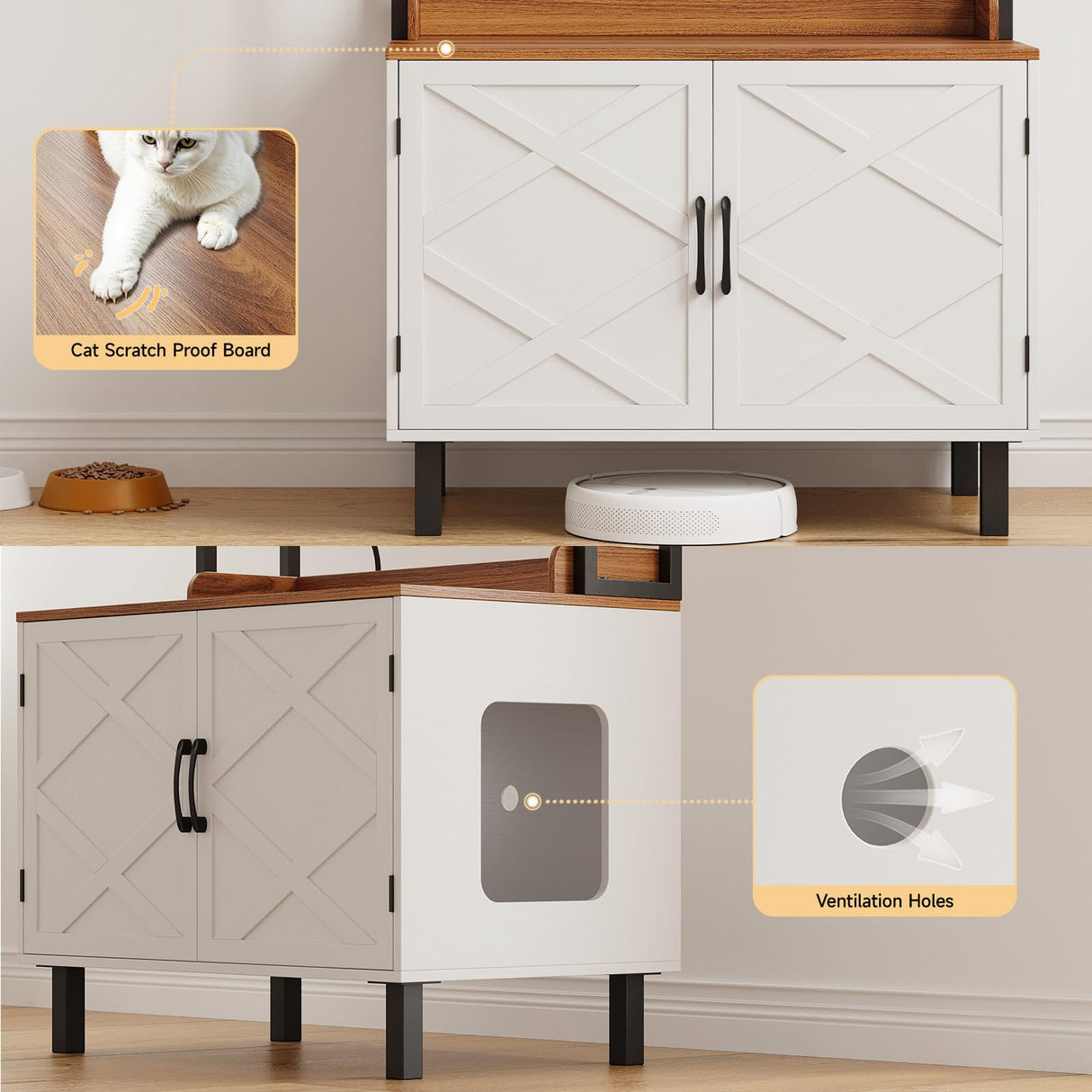 ONBRILL 55 Inches Cat Litter Box Enclosure, Hidden Litter Box Furniture with 2 Storage Shelves and Charging Sockets, Wooden Cat House, Large Indoor Cabinet for Livingroom & Entryway, White ONBRILL