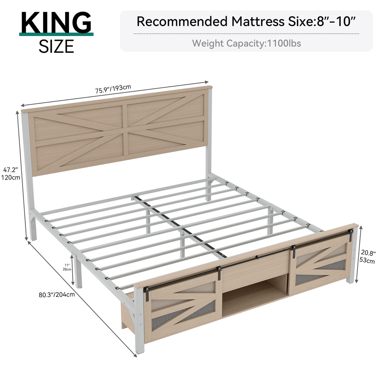 YITAHOME King Size Farmhouse Bed Frame with Sliding Barn Door Storage Cabinets, Platform Bed Frames with 47.2" Headboard, Solid Metal Slats Support, Noiseless, No Box Spring Needed, Oak YITAHOME