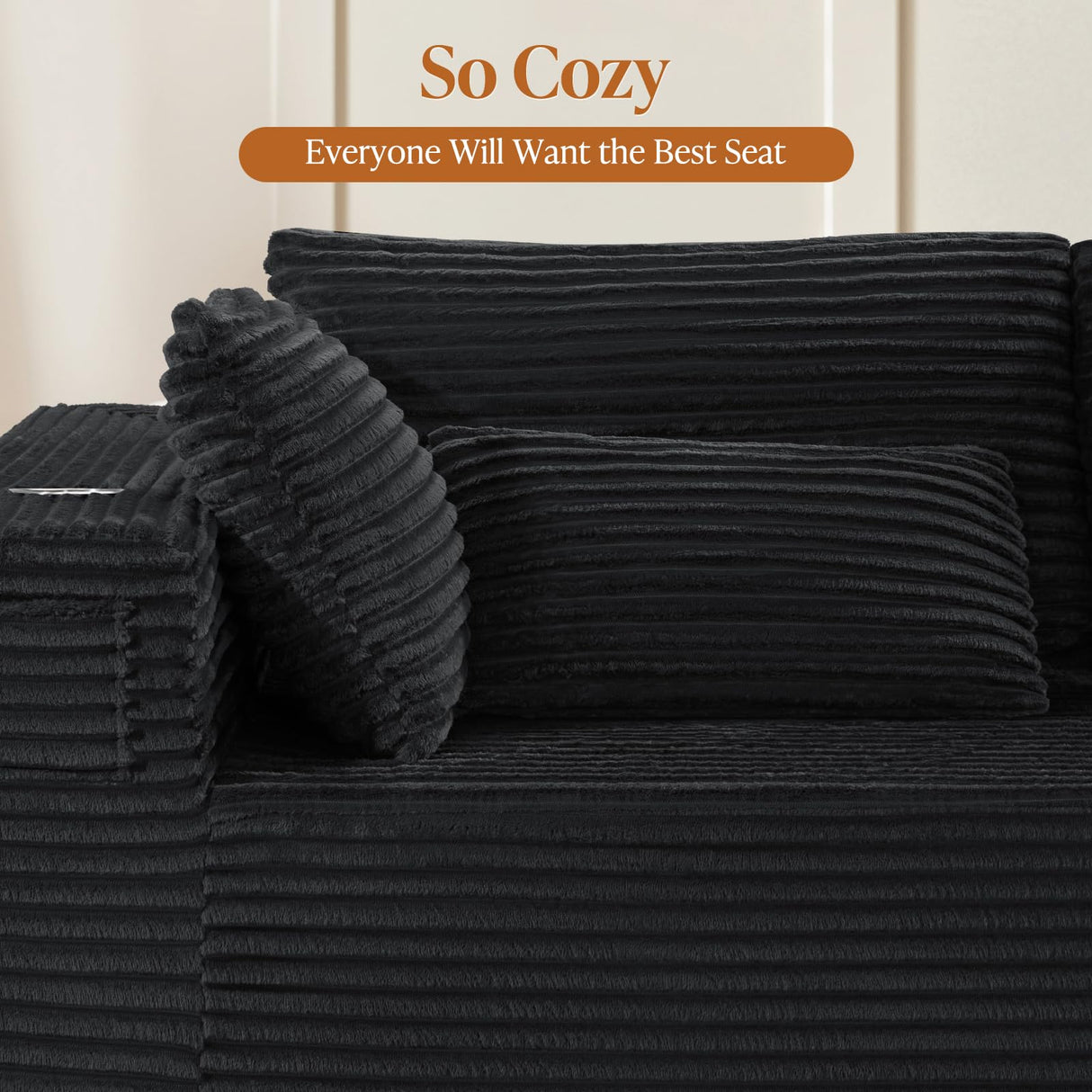 VYUXWO 108" Cloud Sectional Couch, Comfort U Shaped Boneless Couch for Living Room, Extra Deep Seats No Assembly, Minimalist Modular Sofa, Corduroy (Black, 2 Seater+Left Facing Chaise+Ottoman) VYUXWO