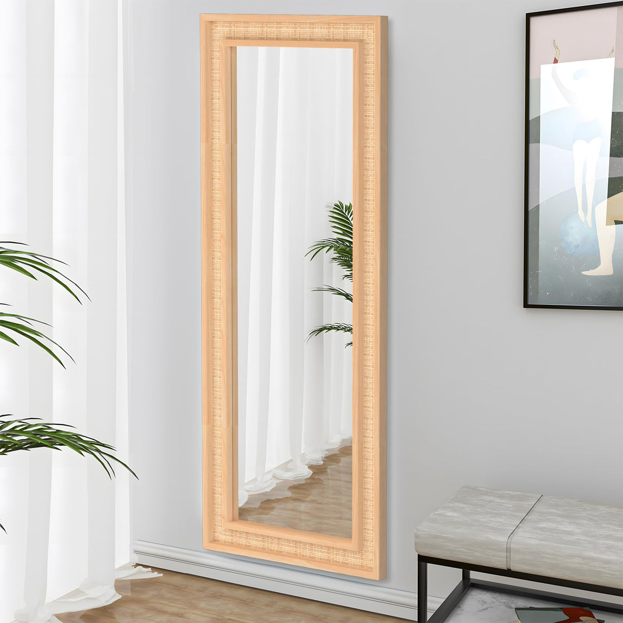 FUWU HOME Rattan Full Length Mirror, 24 X 60 inch Wood Bathroom Vanity Mirror, Free Standing or Wall Mounted Full Body Mirror for Bedroom, Living Room, Dressing Room FUWU HOME