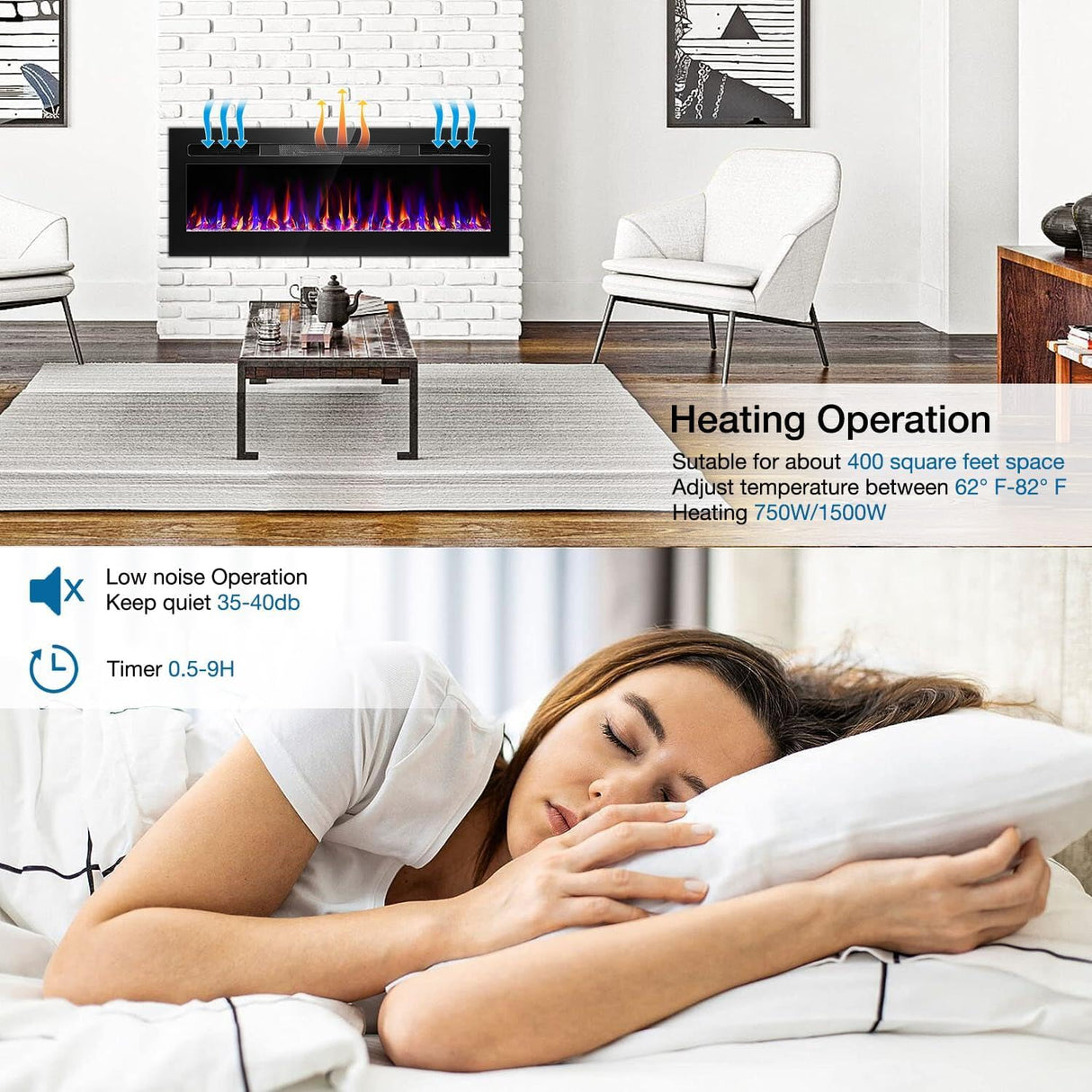 68 Inch Electric Fireplace Recessed and Wall Mounted, Fireplace Heater and Linear Fireplace, Ultra-Thin Electric Fireplace, Low Noise, with Timer, Remote Control, Adjustable 12 Flame Color, 750/1500W Sixfivsevn