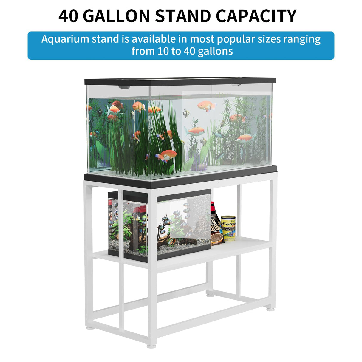 VOWNER 40-50 Gallon Fish Tank Stand - Metal Aquarium Stand, 36.6" x 18.5" x 29.5" Heavy Duty Reptile Tank Stand, Adjustable 2-Tier Fish Tank Rack Shelf for Home Office, Tank not Included, White VOWNER