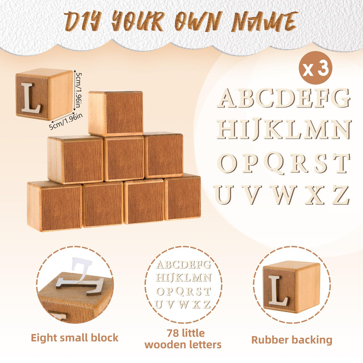 Kigley 8 Pcs Custom Wooden Name Sign 8 Letter Baby Blocks and 78 Wooden Letter Nursery Name Wooden Cubes Baby Wooden Blocks for Nursery Montessori Baby Shower Name Alphabet Wood Signs (Wood) Kigley