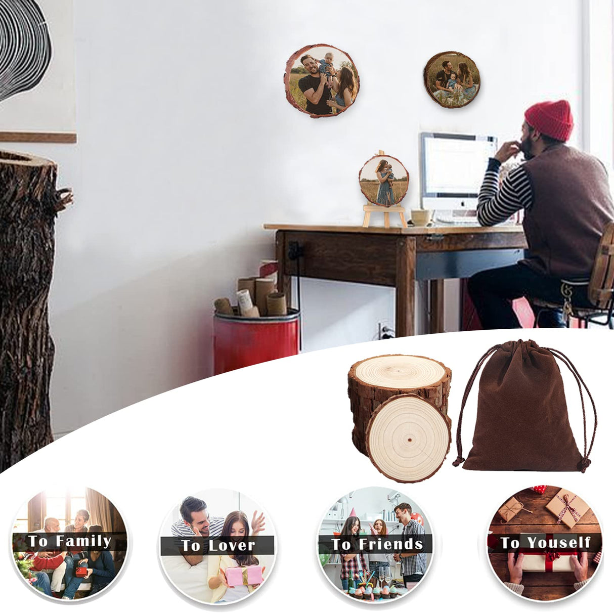 EAQ Custom Photo Printing on Wood Slice Personalized Picture Frame Album, Customized Picture Wood Frames with Bracket Wooden Craft Ornaments Gifts EAQ