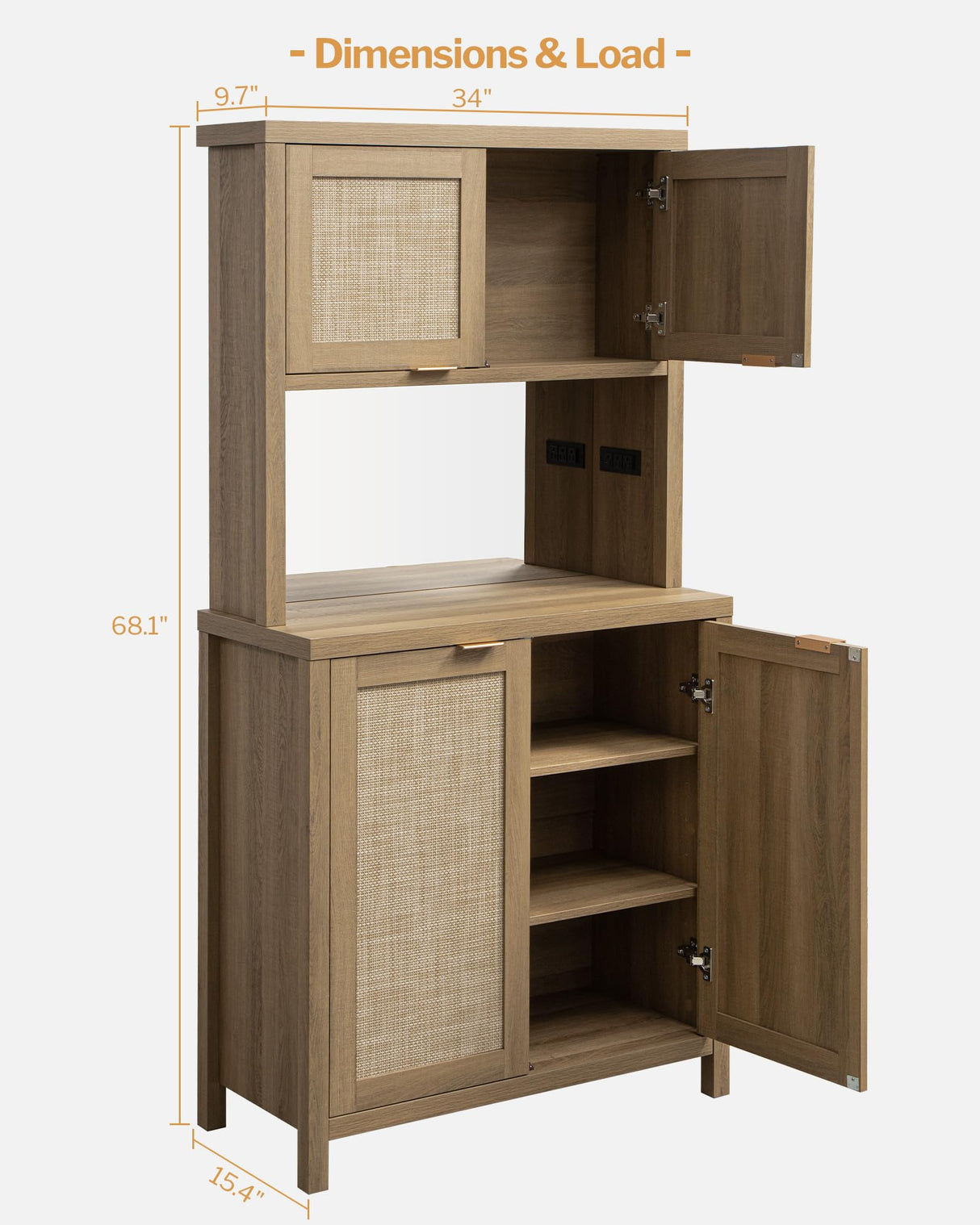 SICOTAS Rattan Pantry Kitchen Storage Cabinet: Tall Pantry Cabinet with Rattan Door, Steel Mirror, Power Outlet, Boho Large Freestanding Cupboard Wood Cabinet for Kitchen, Dining Room, Natural Oak SICOTAS