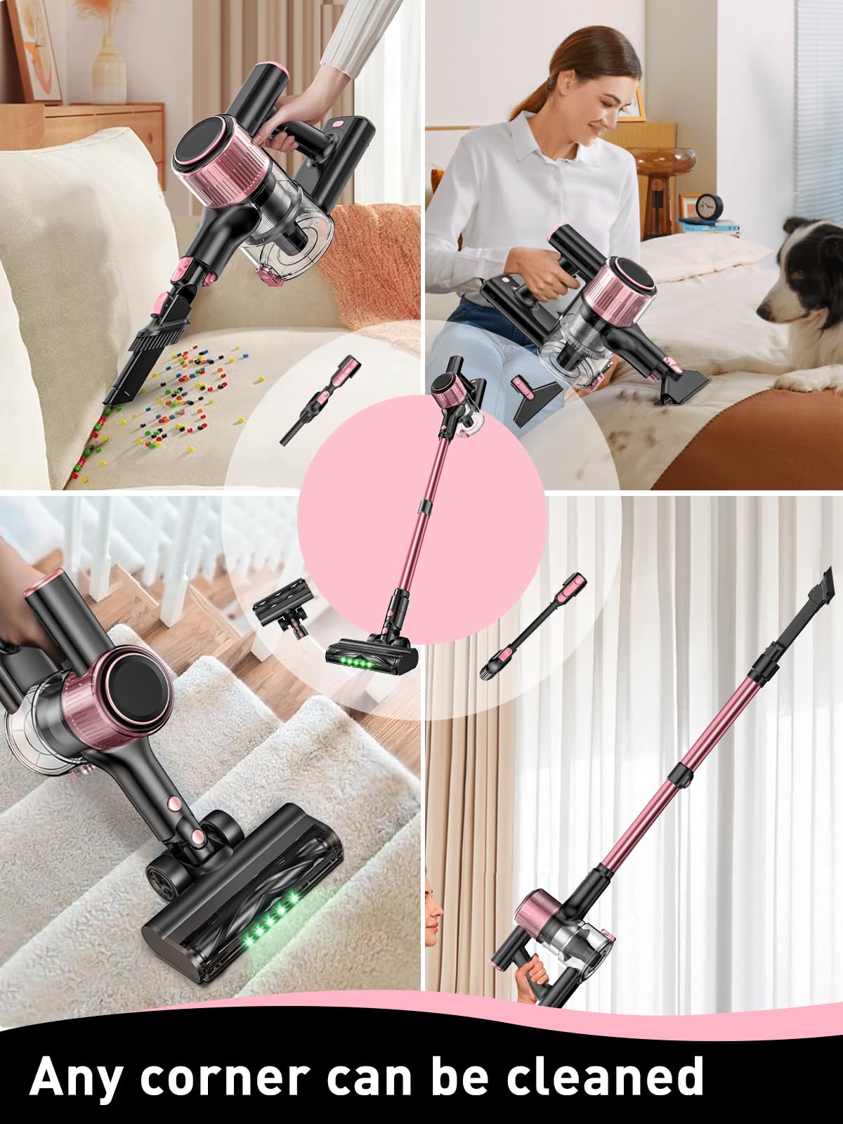 VICEASE Cordless Vacuum Cleaner, 8 in 1 Powerful Suction Lightweight Vacuum Cleaner for Home, LED Display, 3 Suction Modes, 45Mins Detachable Battery Vacuum for Hard Floor Carpet Pet Hair, Pink VICEASE