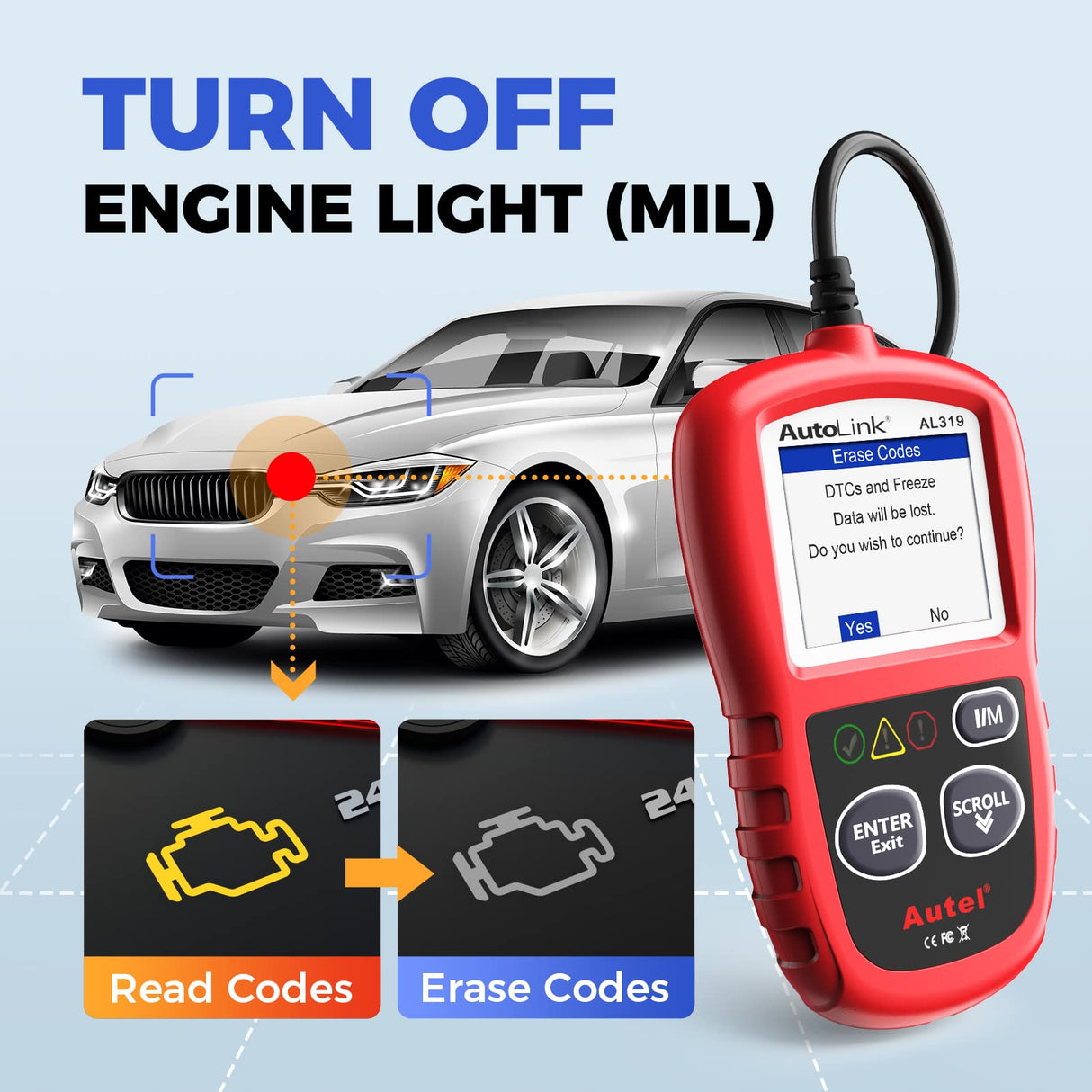 Autel Professional OBD2 Scanner AL319 Code Reader, Enhanced Check and Reset Engine Fault Code, Live Data, Freeze Frame, CAN Car Diagnostic Scan Tools for All OBDII Vehicles After 1996, 2024 Upgraded Autel