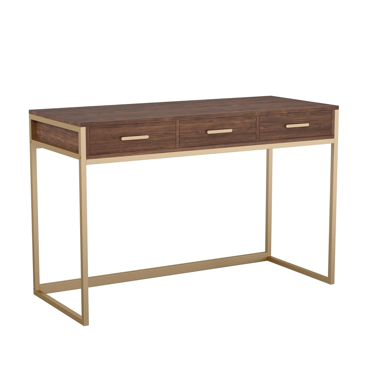 Martha Stewart Ollie Home Office Desk with 3 Drawers in Walnut Wood Grain with Polished Brass Hardware Martha Stewart
