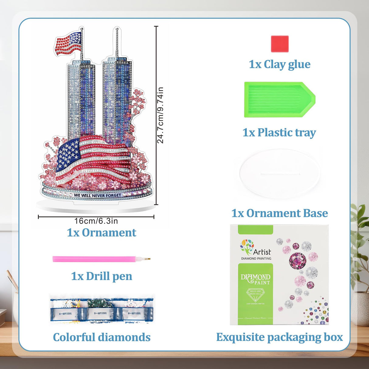 MAXBYE Twin Towers Tabletop Diamond Art Painting Kit, DIY 5D Diamond Painting Kits, Special Shaped Diamond Desktop Ornament, Home Stand Up Gem Painting Sculpture Craft Kit, Diamond Art Statues MAXBYE