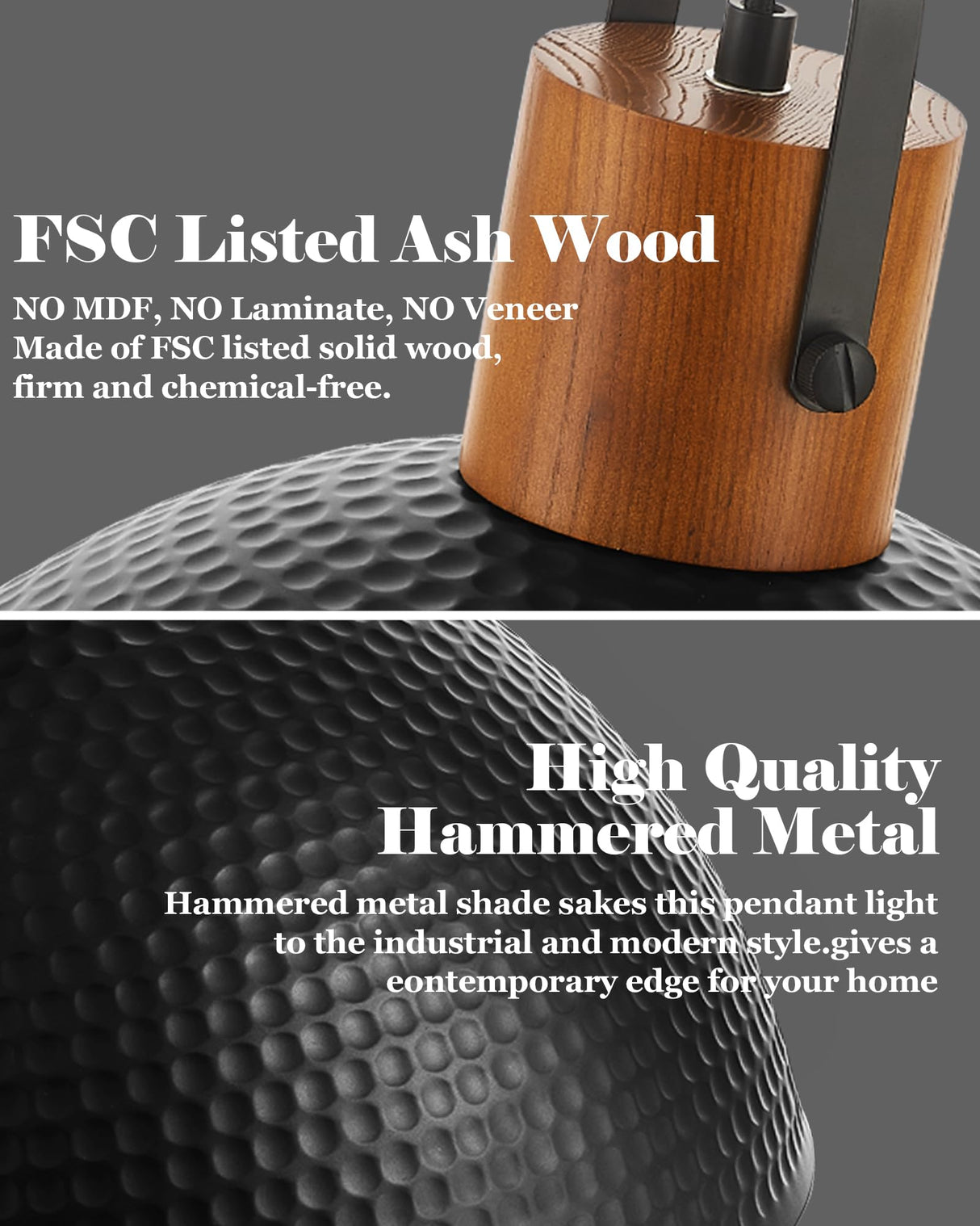 ELYONA 2 Pack Large Pendant Light Fixtures 16 Inch Hammered Metal Ash Wood Dome Ceiling Hanging Lamp, Industrial Kitchen Island Pendant Lighting for Farmhouse, Dining Room,Living Room, Black ELYONA