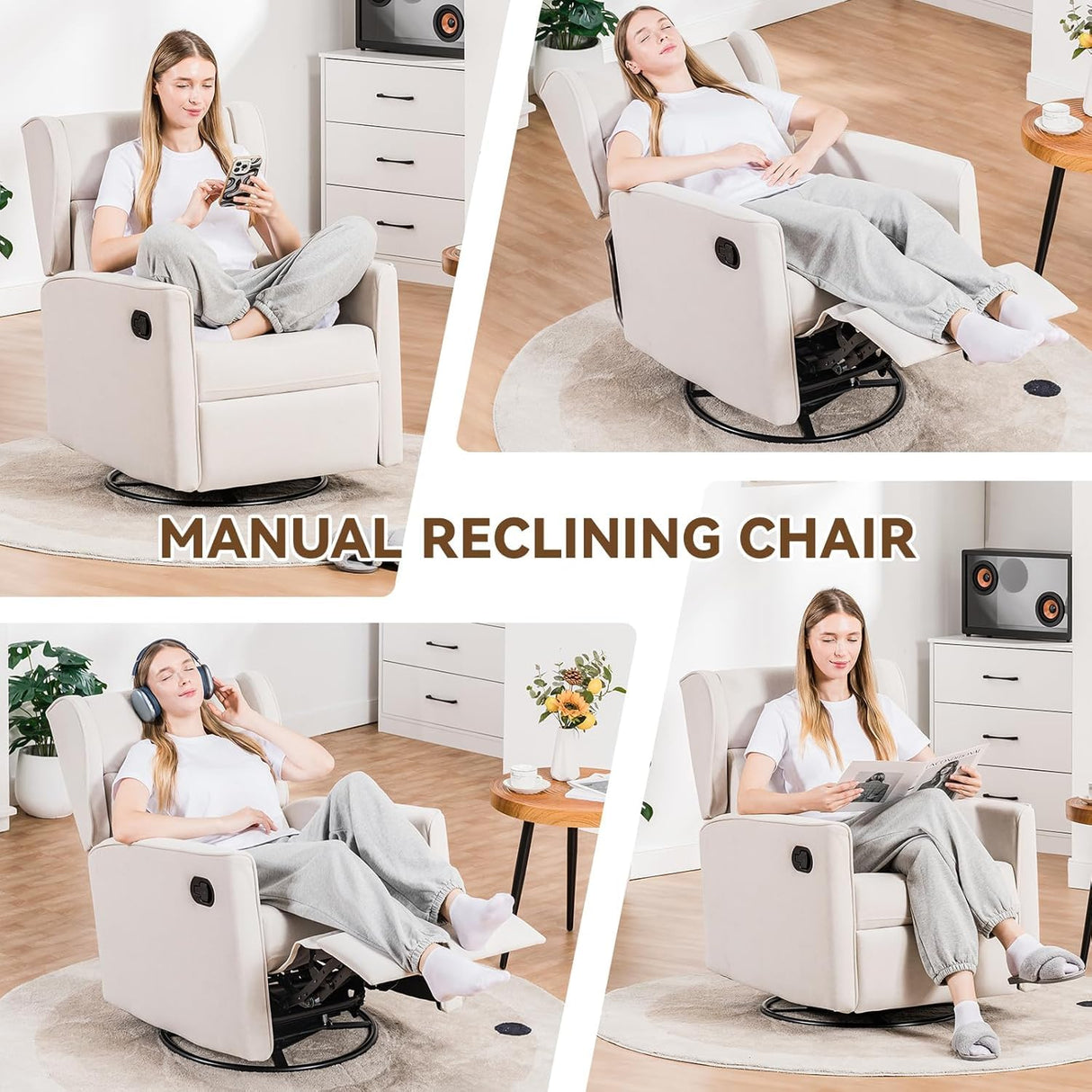 COMHOMA Rocking Recliner Chair,Swivel Glider Reclining Single Sofa Manual Rocker Recliners,Nursery Rocking Chairs with Upholstered Seating for Living Room Office(Beige) COMHOMA