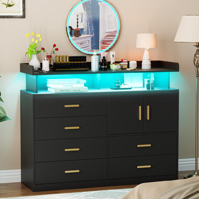 Yeyawomy Black 6 Drawer Dresser with Charging Station & Led Light for Bedroom, Accent Chests of Drawers with Large Cabinet, Modern Storage Dresser with 2 Layer Shelves for Bedroom,Hallway