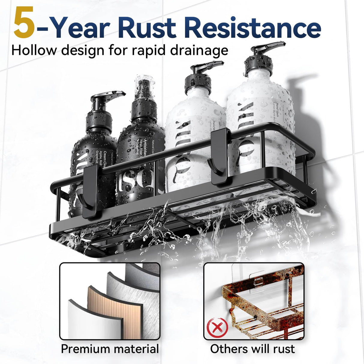 YASONIC Shower Caddy Adhesive, No Drill Bathroom Shower Organizers, with Removable Hooks, Rust Proof Shower Shelves, Wall-Mounted Shower Holder, Black, 2 Pack YASONIC