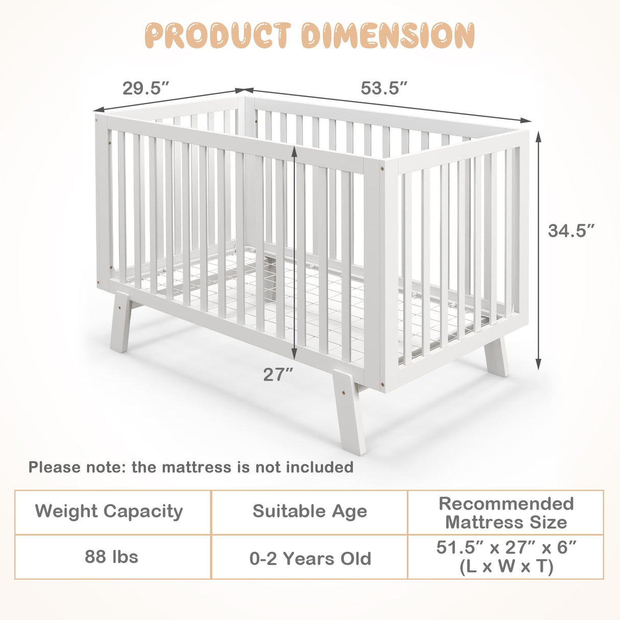 BABY JOY Wooden Baby Crib, Rubber Wood Mini Crib w/ 3-Height Adjustable Mattress Support Base & Full-Length Guardrails, Toddler Bedroom Furniture Fence Bed (White) BABY JOY