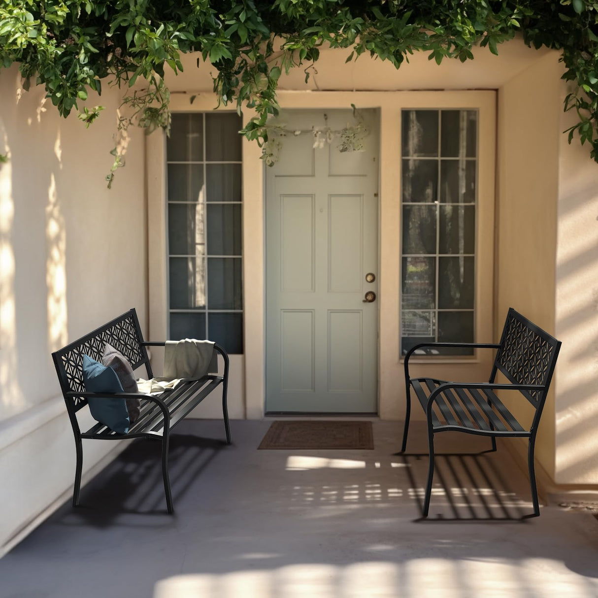 VINGLI 50" Outdoor Bench Metal with Floral Back, Garden Bench Front Porch Benches for Yard Patio Entryway Park Outside, 800lb Capacity - Black VINGLI