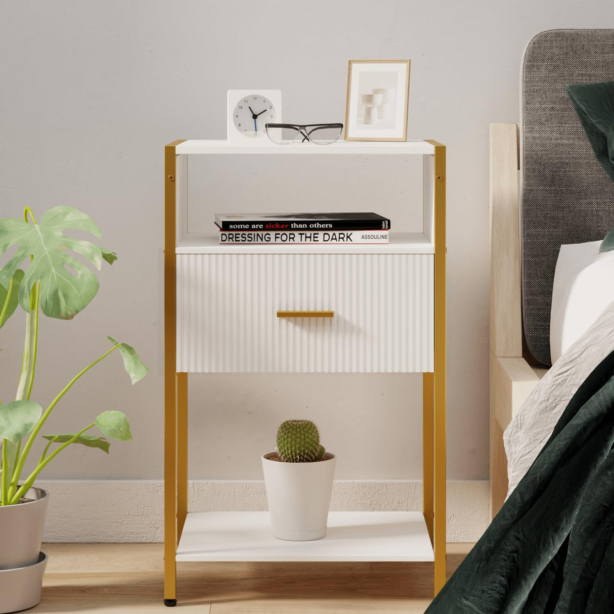 JOONEE Modern Nightstand, White and Gold Side Table with Drawer, Fluted Bedside Table with 3 Storage Shelves for Living Room, Bedroom JOONEE