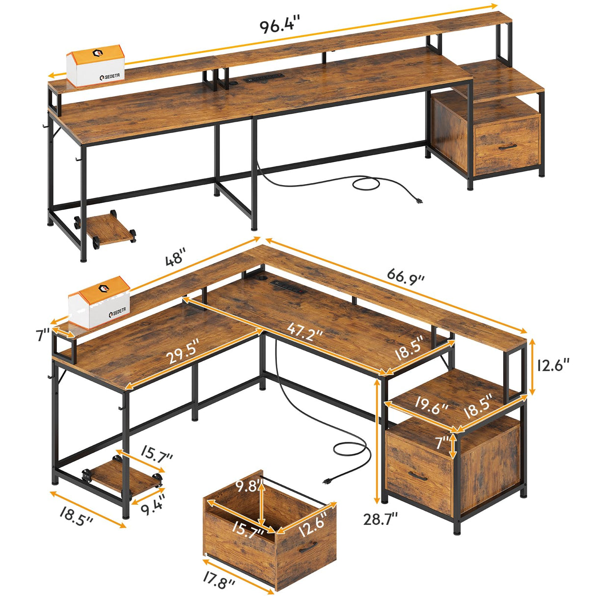 SEDETA L Shaped Desk, 66" Home Office Desk with File Drawer & Power Outlet, Gaming Desk with Led Lights, Corner Computer Desk with Monitor Shelf, Printer Storage Shelves, Two Person Desk, Rustic Brown SEDETA