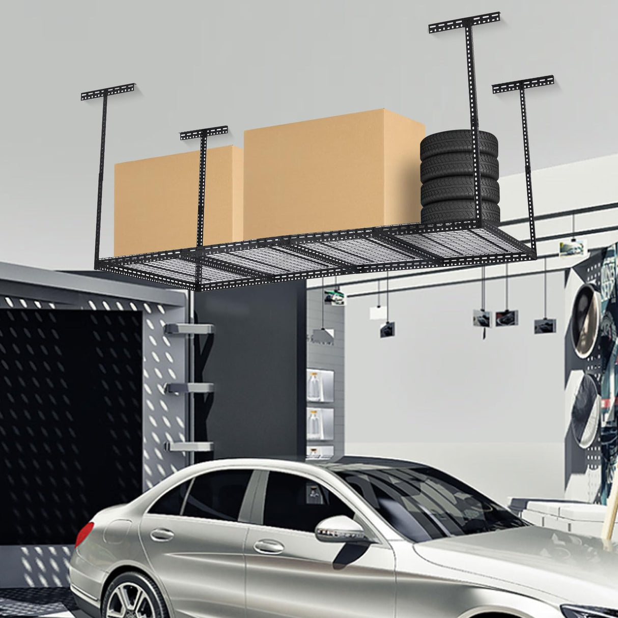 GarveeTech 4x8 FT Overhead Garage Storage Rack, 22"-40" Height Adjustable Ceiling Storage Rack 330lbs Weight Capacity, Heavy Duty Metal Hanging Storage Shelves for Garage (Black, Vertical Post x 4) GarveeTech