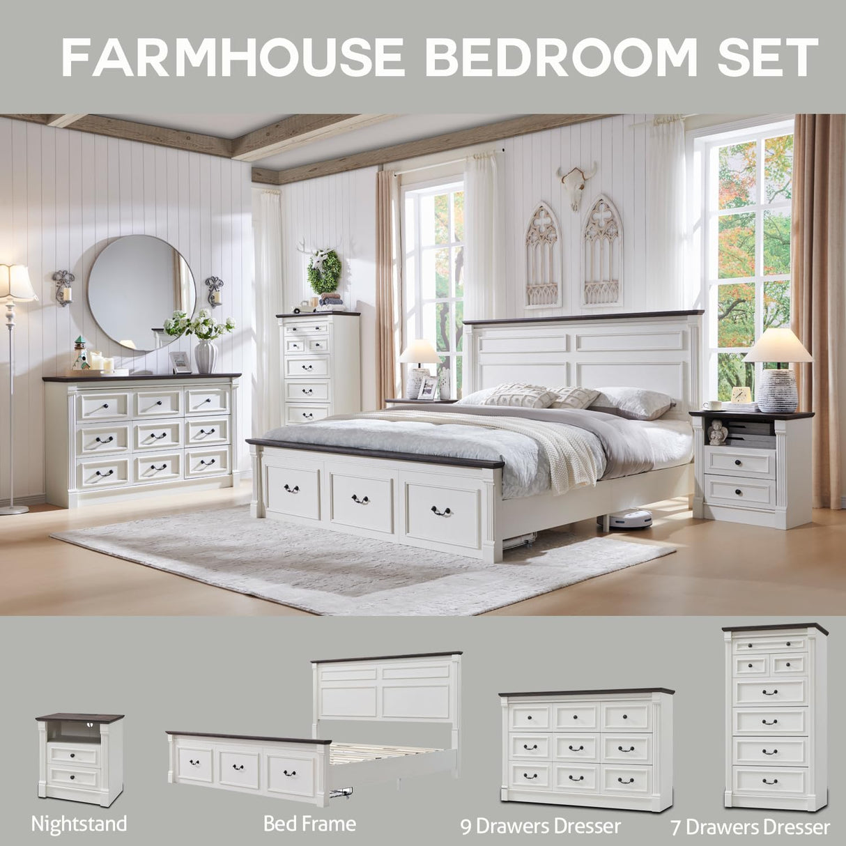 Aitjunz Farmhouse 8 Drawers Dresser for Bedroom, 61" Wide Wood Rustic Chest with Roman Column, Large Storage Dressers Organizer with Two Different Drawer Sizes for Bedroom, Living Room, Hallway, White Aitjunz