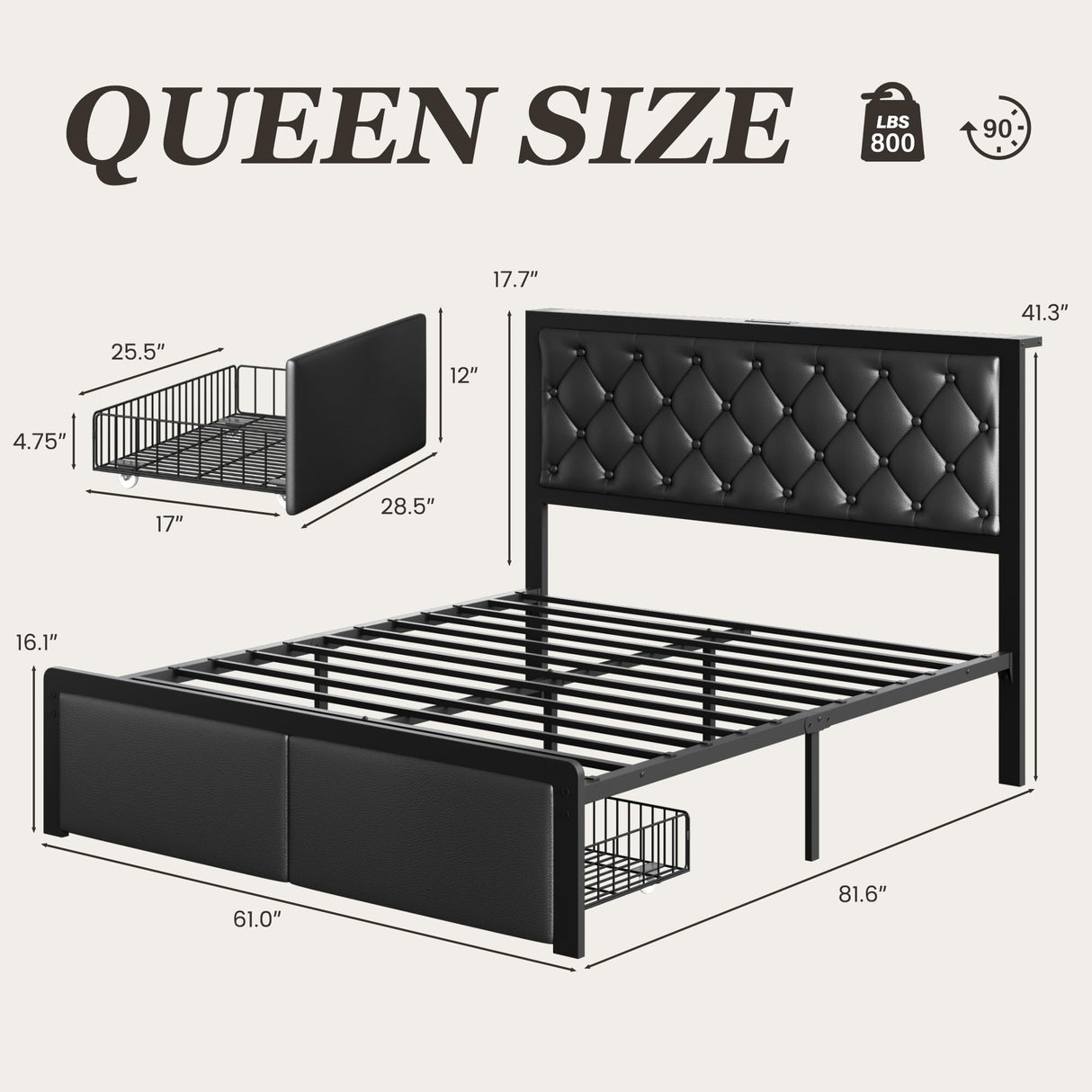 Fluest Queen Bed Frame with 2 Storage Drawers, Upholstered Headboard Button Tufted Bed Frame with Charging Station, No Box Spring Needed, Noise-Free, All Metal Structure, Black Fluest