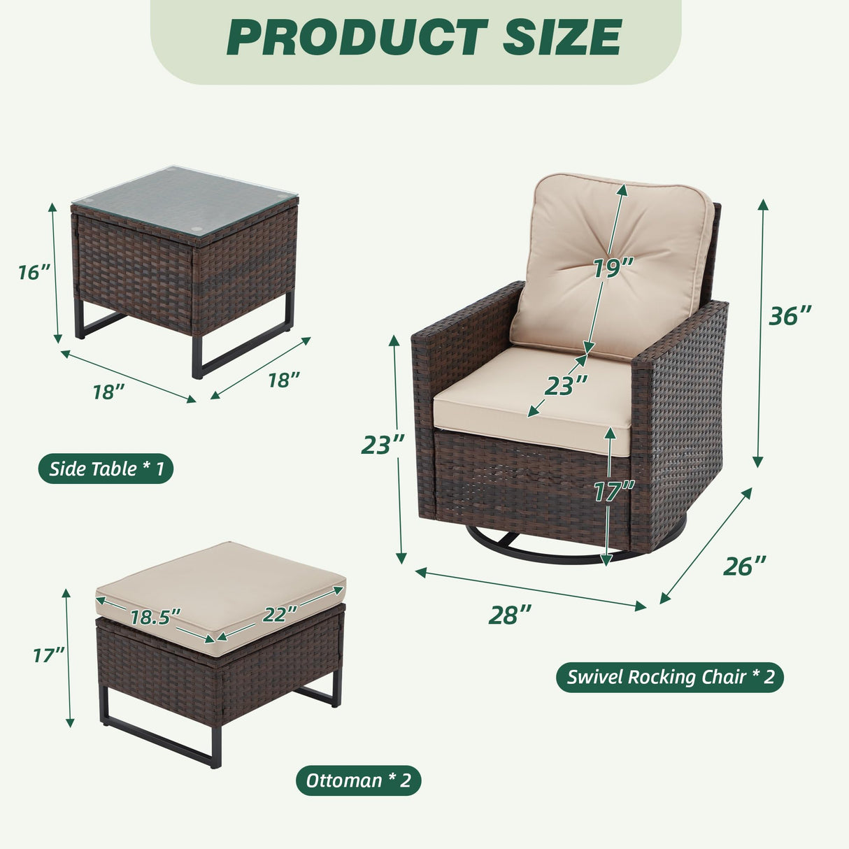 AVAWING 5 Pieces Patio Furniture Set, Wicker Swivel Rocking Chairs with 2 Ottomans and 1 Side Table, Patio Conversation Set w/Waterproof Cushions for Garden, Balcony and Porch, Beige AVAWING