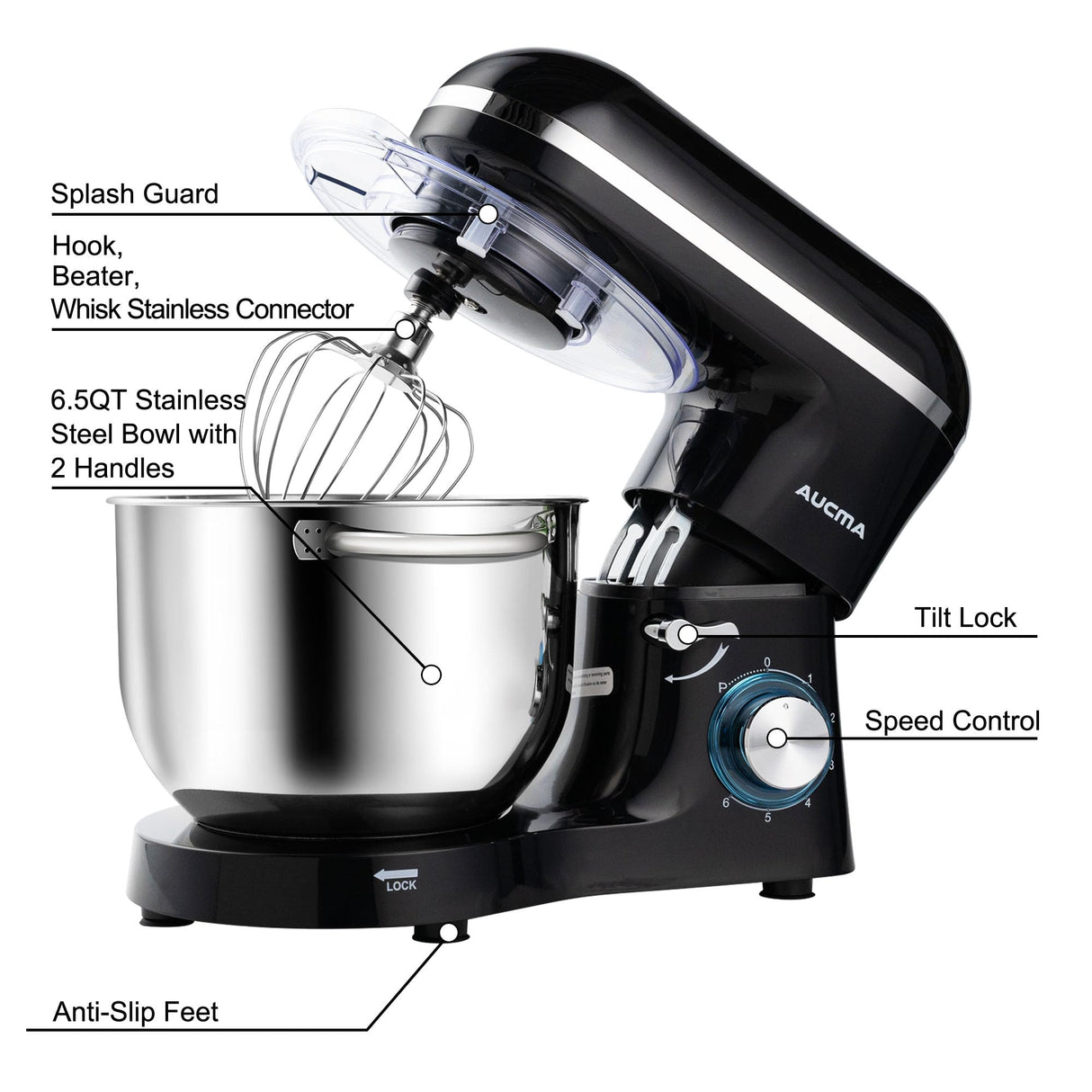 Aucma Stand Mixer,6.5-QT 660W 6-Speed Tilt-Head Food Mixer, Kitchen Electric Mixer with Dough Hook, Wire Whip & Beater (6.5QT, Black) Aucma