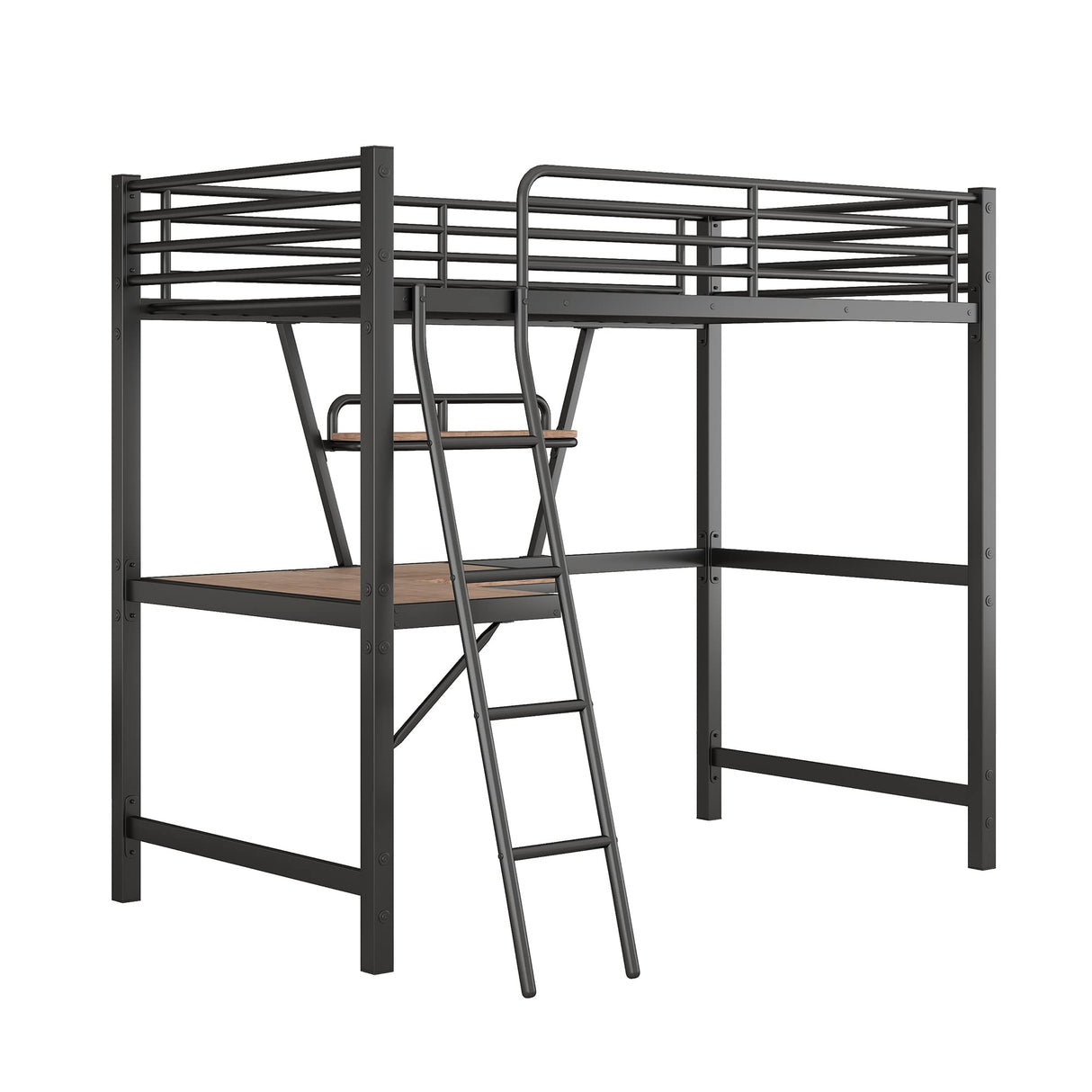 Twin Size Loft Bed with Desk and Storage Shelf, Heavy Duty Loft Bed Twin Size, Twin Loft Bed with Guardrail, Twin Loft Bed for Kids, Teens, Twin Size Loft Bed Black Bellemave