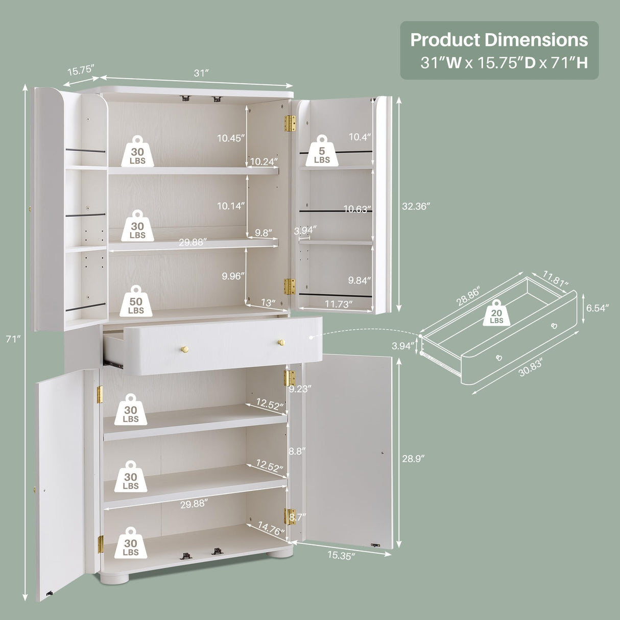 IFGET 71" Tall Kitchen Pantry, Modern Curved Pantry Storage Cabinet with 4 Doors and 6 Adjustable Shelves, Cupboard for Kitchen, Dining Room, Living Room and Bathroom, White IFGET