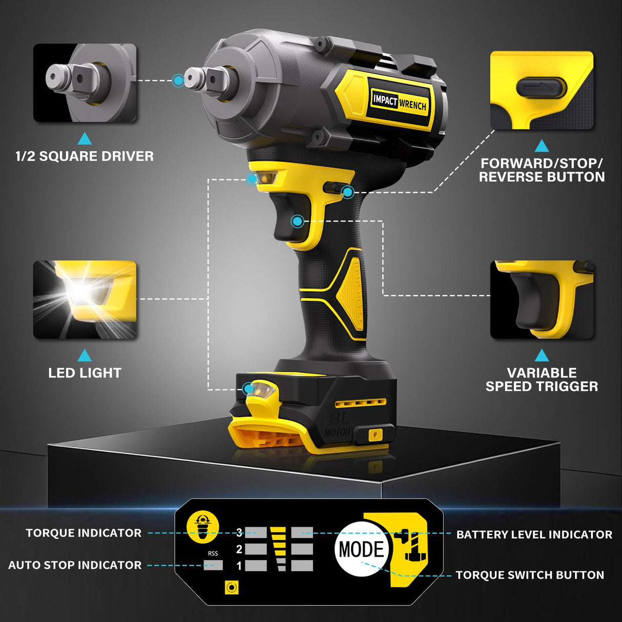 VERVEWAVE 1200N.m Impact Wrench for DeWalt 20V Battery (no battery), 20V 1/2” Cordless Impact Gun, 900Ft-lbs Electric Impact Driver with 3-Speed Control, 6 Pcs Impact Sockets Included, Tool Only VERVEWAVE