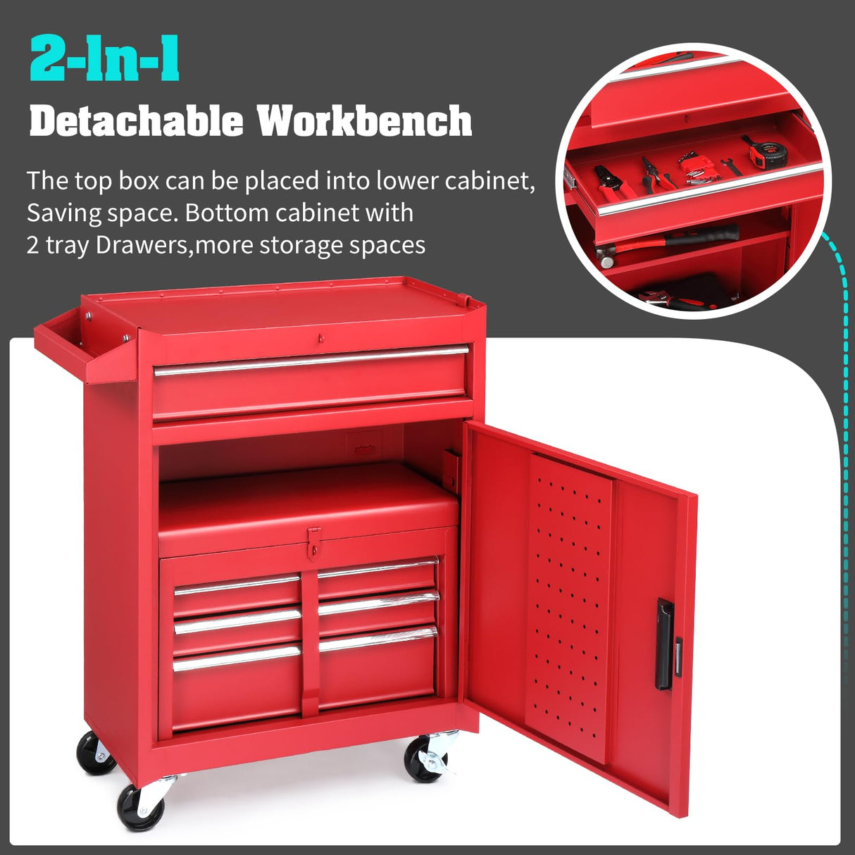 Winado 4-Drawer Rolling Tool Chest with Wheels & Lock, Tool Box with Large Storage Cabinet and Adjustable Shelf, Removable Portable Top Box for Garage, Warehouse, Factory (Red) Winado