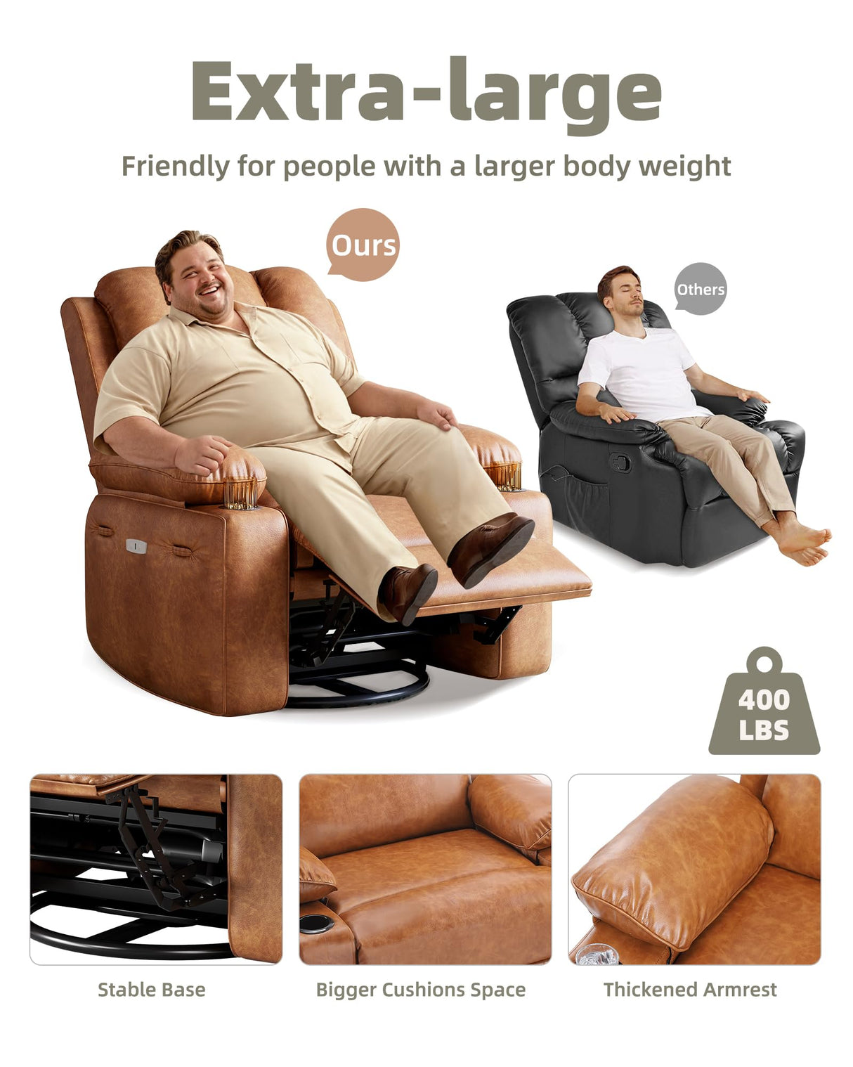 Oversized 27" Power Recliner Chair with Heat and Massage - 360° Swivel Faux Leather Rocking Chair for Adults with Cup Holder for Living Rooms, Bedrooms, and Nurseries - Brown GarveeHome