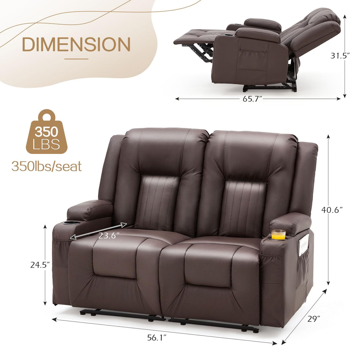 YODOLLA Loveseat Recliner with Cup Holders&Side Pockets, Home Theater Seating Manual RV Reclining Couch Sofa Double Recliner, Brown YODOLLA