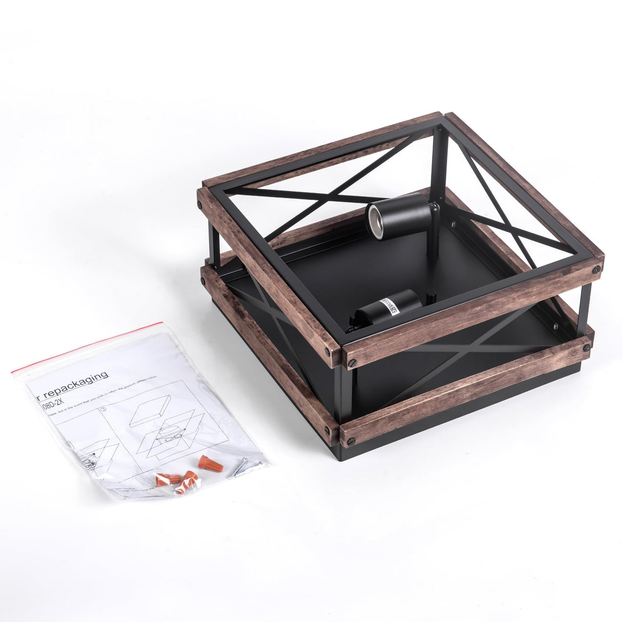 MAYNA 2-Light Industrial Ceiling Light Fixtures, Farmhouse Flush Mount Ceiling Light, Metal and Wood Square Dining Room Light Fixture for Hallway Bedroom Balcony Farmhouse,Black MAYNA