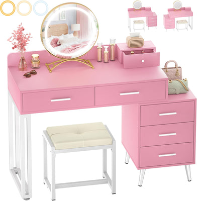 Pink Vanity Desk with Mirror and Lights, Modern Makeup Vanity Table Set with 6 Storage Drawers and Cushioned Stool for Bedroom, Dressing Table with Divided Organizers for Women Girls, Pink