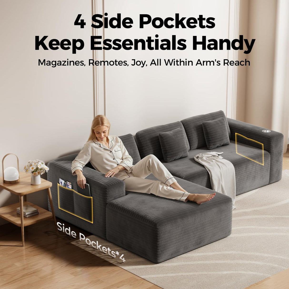 CAMMOO 108” Cloud Sectional Couch in One Box, Compressed Modern Modular Sectional Sofa with Deep Seat, Corduroy Boneless Couches with Chaise, L-Shaped Sofa for Living Room, 4 Storage Pockets(Grey) CAMMOO