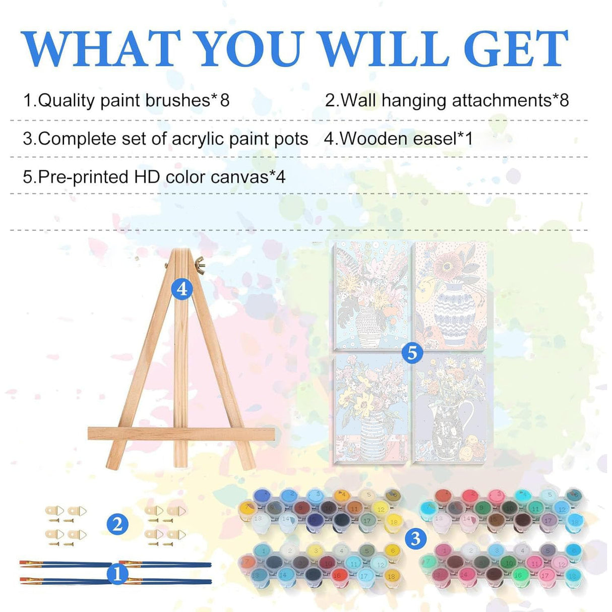 4 Pack Paint by Numbers kit for Adults with Frame and Wooden Easel, Adult Paint by Number Kits Flower, DIY Acrylic Oil Painting by Number for Beginners Home Wall Decor Gift (8x12 inch) bleihum