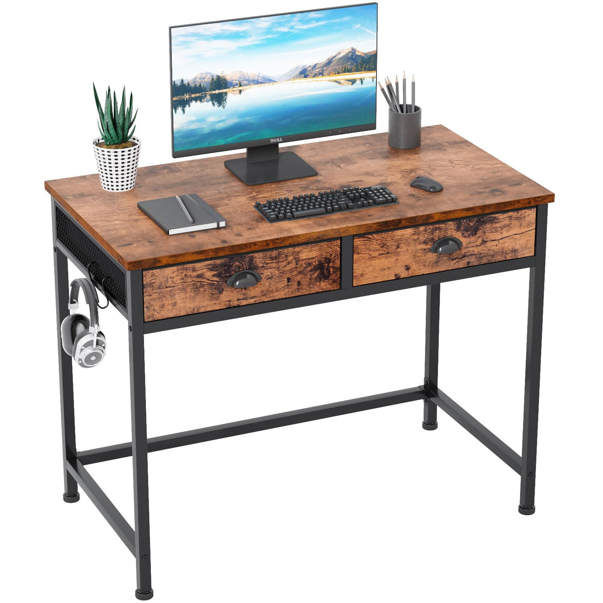 Furologee Computer Desk with 2 Fabric Drawers, Small Home Office Writing Desk, Vanity Desk with Hooks, Simple Study Desk for Small Spaces Bedroom, Furologee