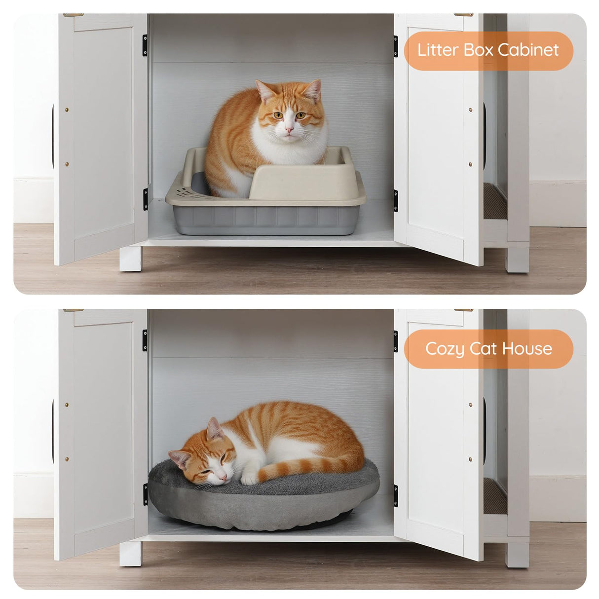 HOOBRO Cat Litter Box Enclosure, Farmhouse Wooden Cat Furniture with Scratch Pad, Storage Layer, Litter Box Furniture, End Side Table,White and Walnut, WH24MW01 HOOBRO