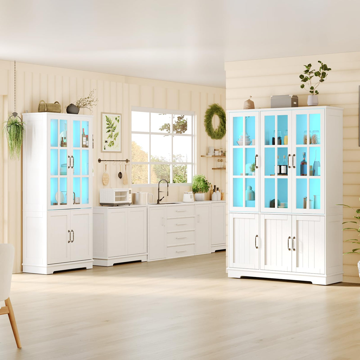 AMERLIFE 71" Tall Storage Cabinet with LED Lights, 5 Tier Large Modern Wood Kitchen Pantry with Acrylic Glass Doors & Shelves, Display Cabinet for Living room, Dining room, Bathroom, 6 Doors White AMERLIFE