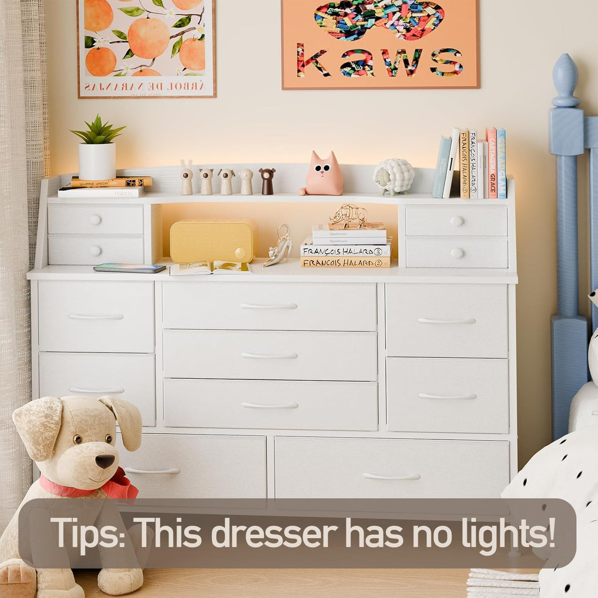 Fixwal White Dresser for Bedroom with 13 Drawers, Fabric Chest of Drawers with PU Finish for Kids, Girls, Adults, Nursery, Living Room, Closet, Entryway, Hallway (No LED Lights) Fixwal