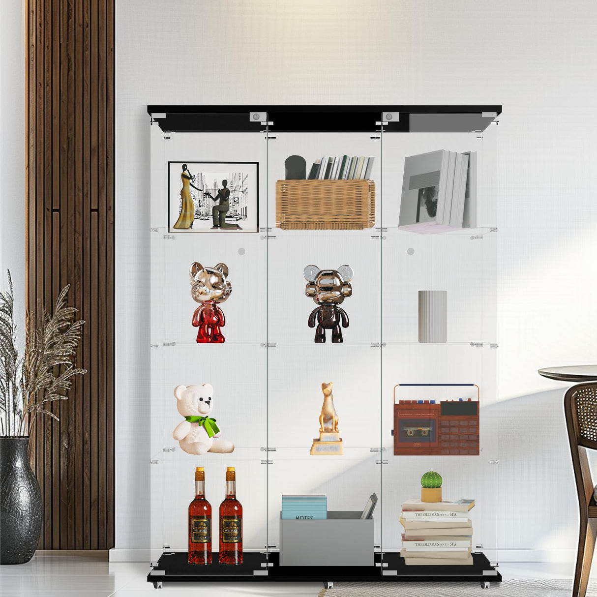 3-Column Display Cabinet with Glass Door and Lock, 12-Shelf Fast Installation in 30Mins Curio Cabinet with 5mm Tempered Glass Floor Standing Bookshelf for Bedroom, Living Room, 65'' x32'' x14'', Black GDJAASJI