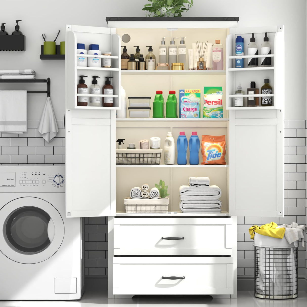 Gyfimoie Tall Farmhouse Kitchen Cabinet with Sensor Light, Kitchen Pantry Cabinet with 2 Large Drawers and Adjustable Shelves, Traditional Freestanding Cupboard with Doors for Kitchen (White) Gyfimoie