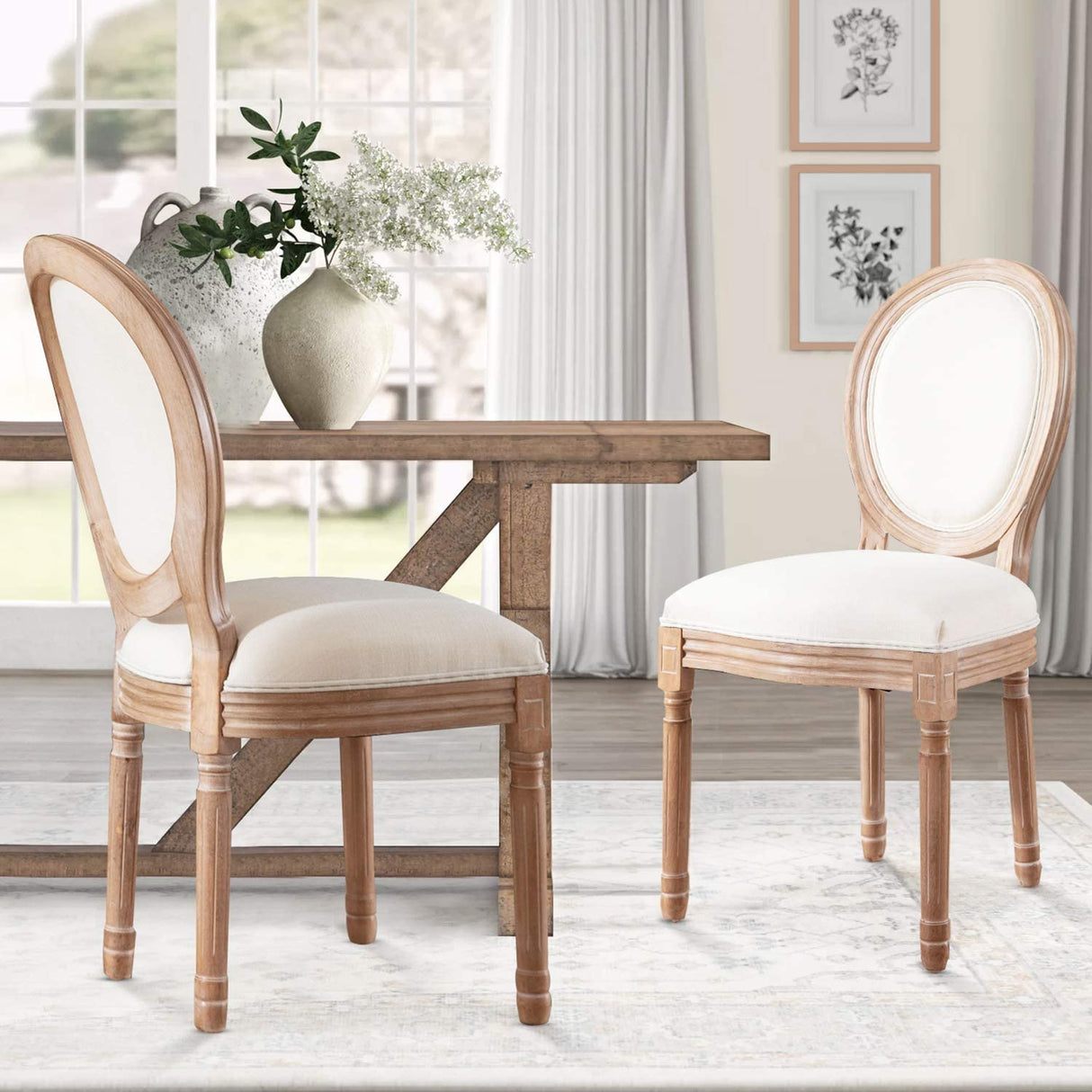 Nrizc French Country Dining Chairs Set of 4, Farmhouse Fabric Chairs with Round Back, Solid Wood Legs, Oval Side Chairs for Kitchen/Bedroom/Dining Room Nrizc