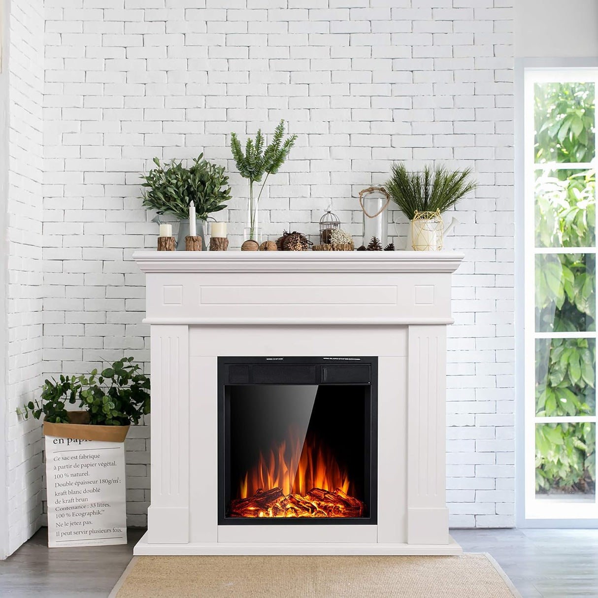 44" Electric Fireplace with Mantel Package Freestanding Fireplace Heater Corner Firebox with Log & Remote Control,750-1500W,Pearl White Xbeauty