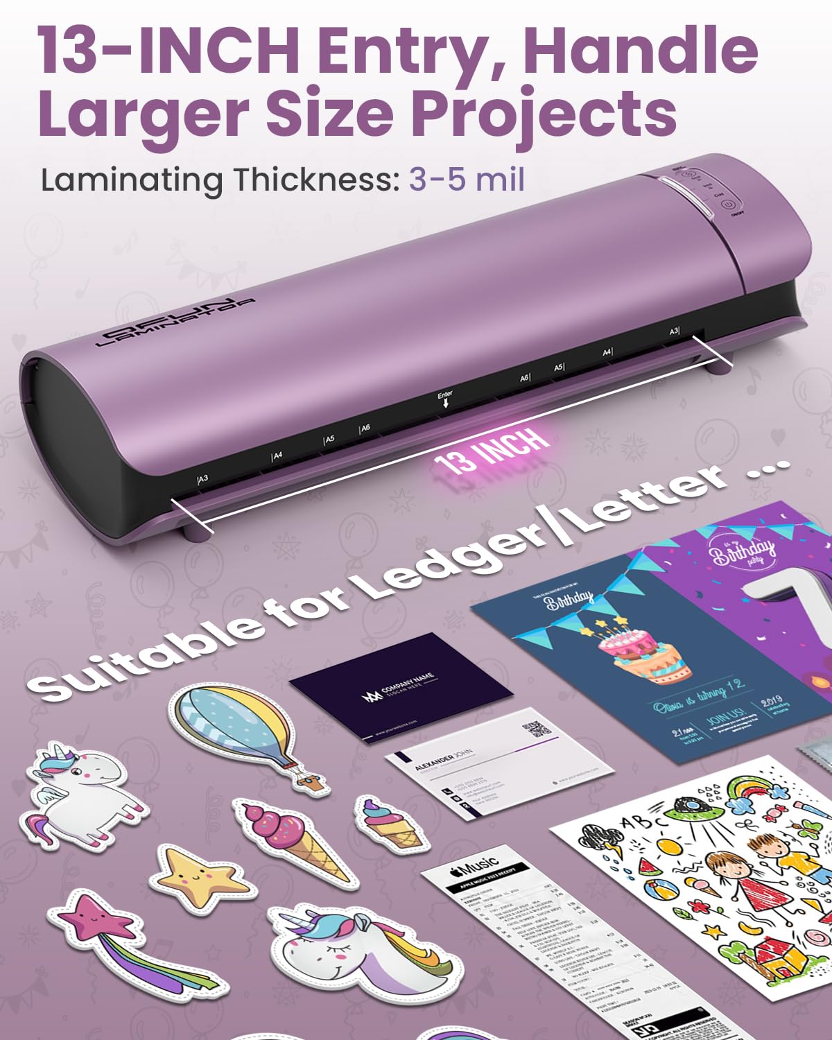 Office Presentation Laminator Machine 11x17 with Laminating Sheet A3/A4/A5, 3/5 Mil Thermal Cold Laminating Machine 13 inch Wide, 60s Warm-Up Lamination Machine, Personal Laminate Machine (Purple) Qfun