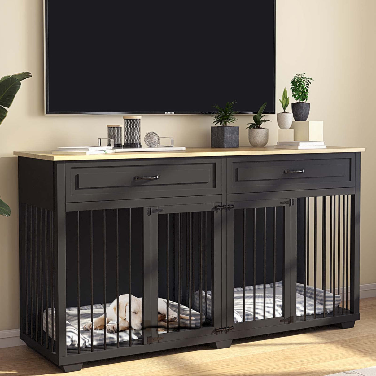 Lovinouse Furniture Style Dog Crate with Double Room, Wooden Dog Kennel with Double Doors and Removable Divider, Dog House Side End Table for Small Medium Large X-Large Dogs(Black + Wood) Lovinouse